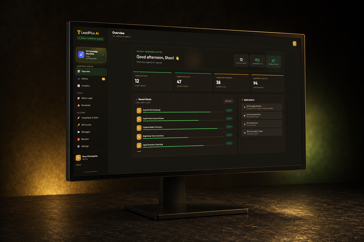 LeadFlux AI Agency dashboard showing active clients, campaigns built, and client activity