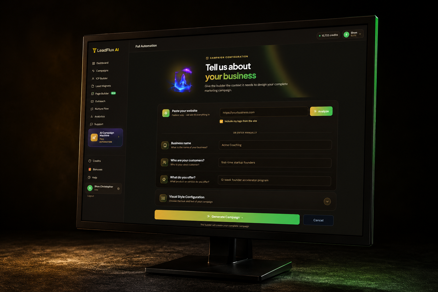 The LeadFlux AI Campaign Machine paste a URL and generate a full campaign