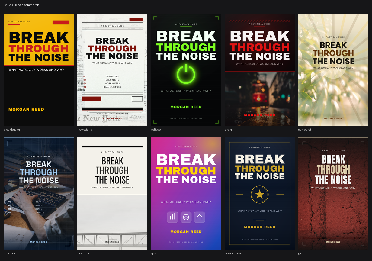 eCover Studio preset covers rendered by the LeadFlux engine