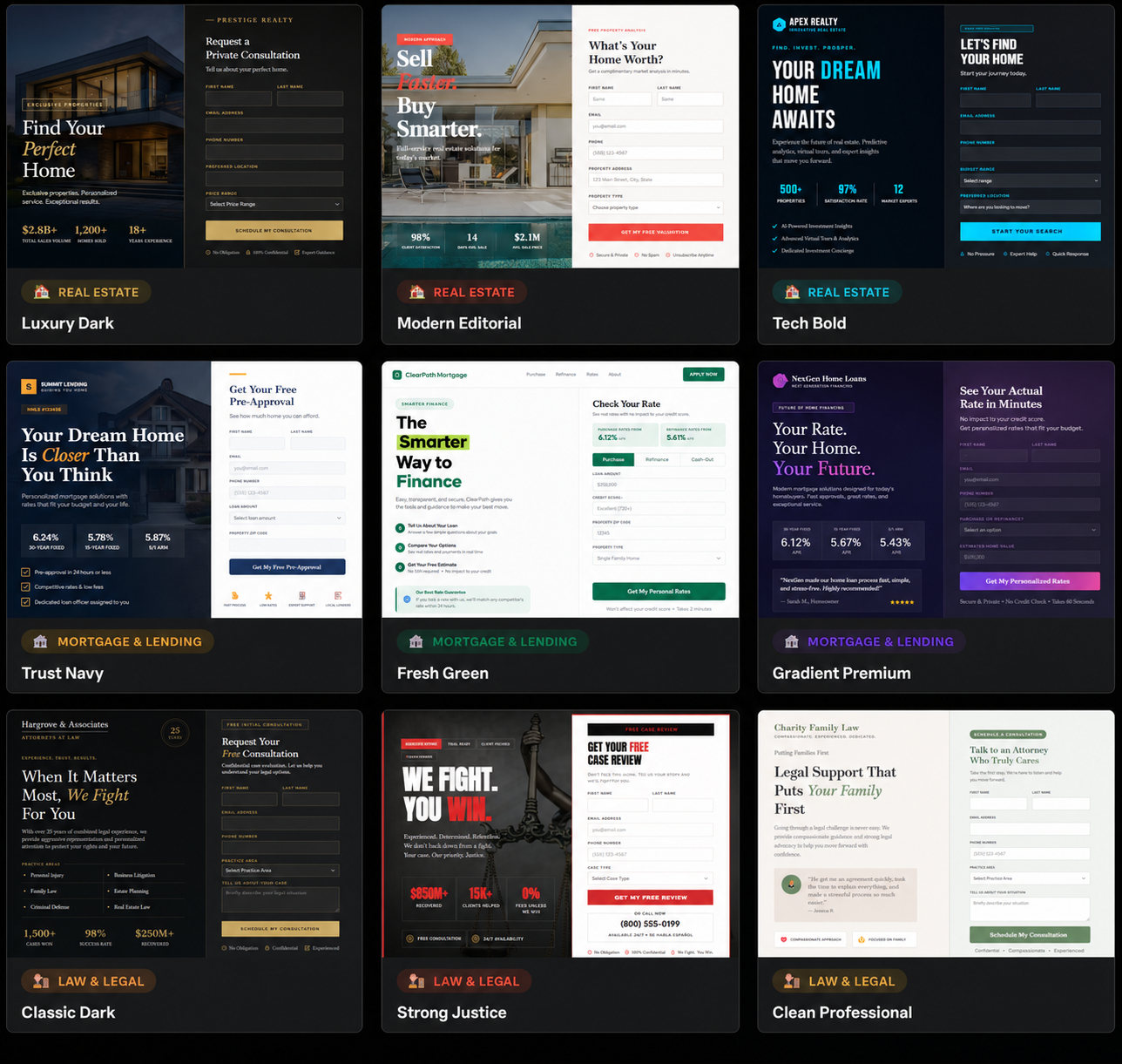 Designed capture-page templates across industries